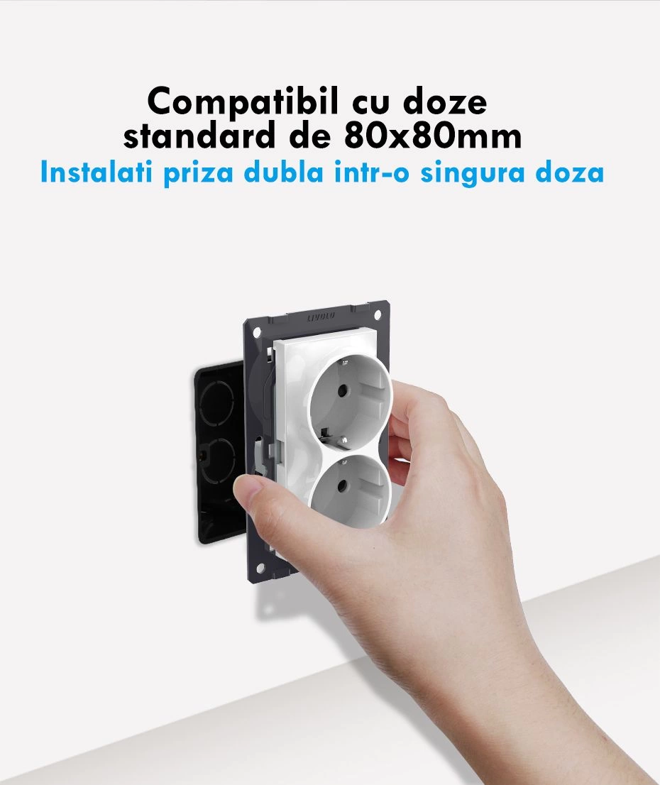 Priza dubla pentru o doza, cu rama sticla, Gri, Livolo