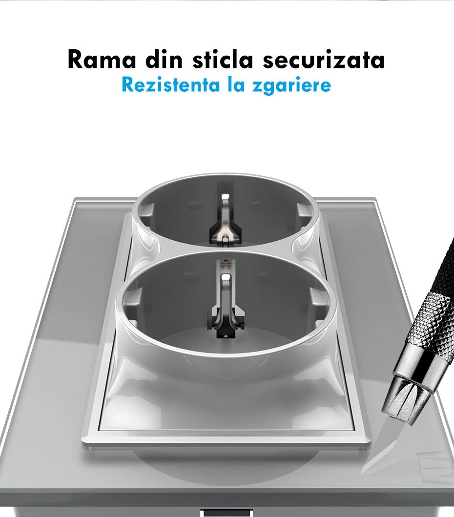 Priza dubla pentru o doza, cu rama sticla, Gri, Livolo