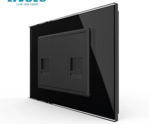 Priza dubla telefon + retea calculator 3M, R11+RJ45, cu rama sticla, Negru, Livolo