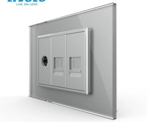 Priza TV + telefon + retea calculator 3M, TV+RJ11+RJ45, cu rama sticla, Gri, Livolo