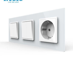 Intrerupator mecanic dublu + dublu + priza Schuko, cap / scara, cu rama sticla, Alb, Livolo