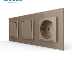 Intrerupator mecanic simplu + simplu + priza Schuko, cap / scara, cu rama sticla, Auriu, Livolo