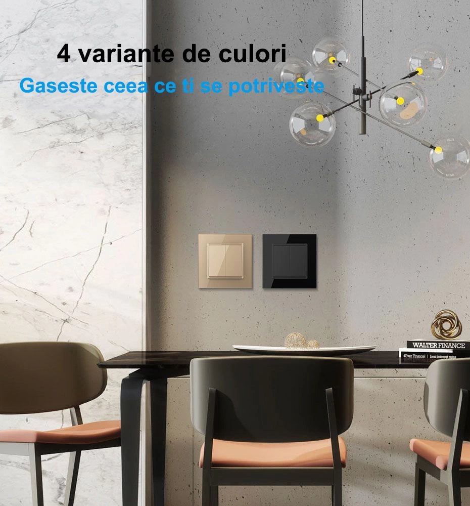 Intrerupator mecanic simplu + simplu + priza Schuko, cap / scara, cu rama sticla, Gri, Livolo