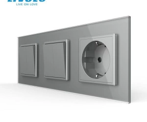 Intrerupator mecanic dublu + dublu + priza Schuko, cap / cruce, cu rama sticla, Gri, Livolo