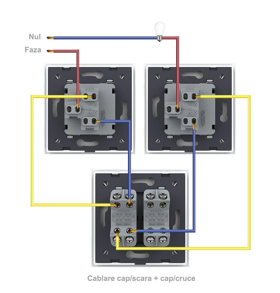 Intrerupator mecanic simplu + simplu + dublu , cap / cruce, cu rama sticla, Negru, Livolo