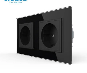 Priza Schuko dubla, borne fara surub - quick connect, cu rama sticla, Negru, Livolo