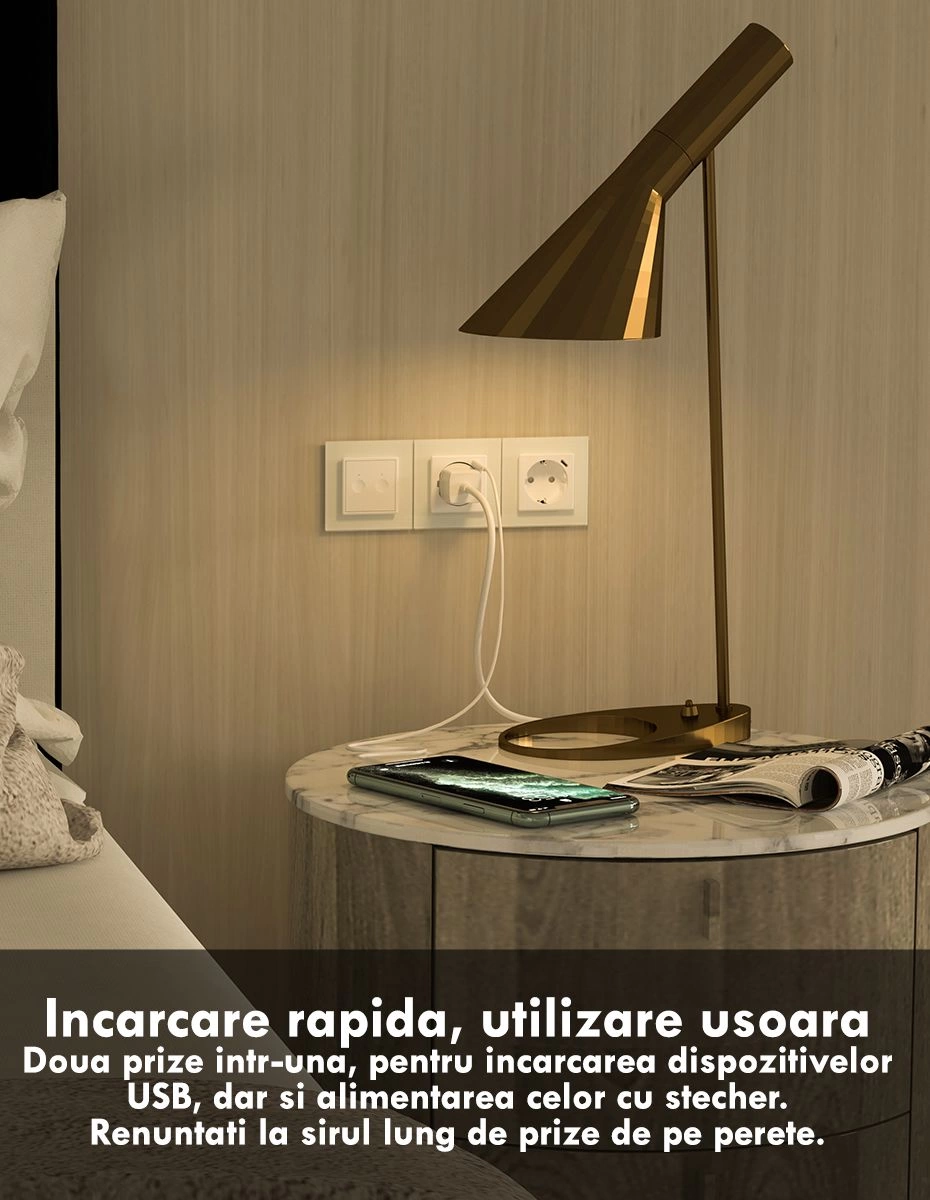 Priza dubla Schuko cu port USB tip C, cu rama sticla, Alb, Livolo