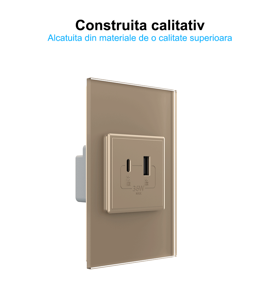 Priza dubla USB tip A si tip C, cu rama sticla, Auriu, Livolo