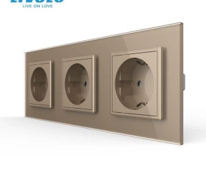 Priza Schuko tripla, borne fara surub - quick connect, cu rama sticla, Auriu, Livolo