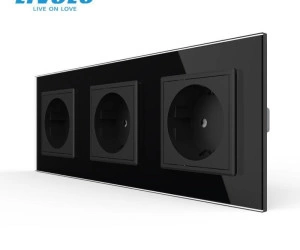 Priza Schuko tripla, borne fara surub - quick connect, cu rama sticla, Negru, Livolo
