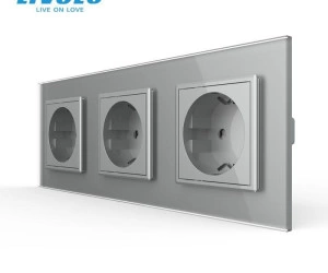 Priza Schuko tripla, borne fara surub - quick connect, cu rama sticla, Gri, Livolo