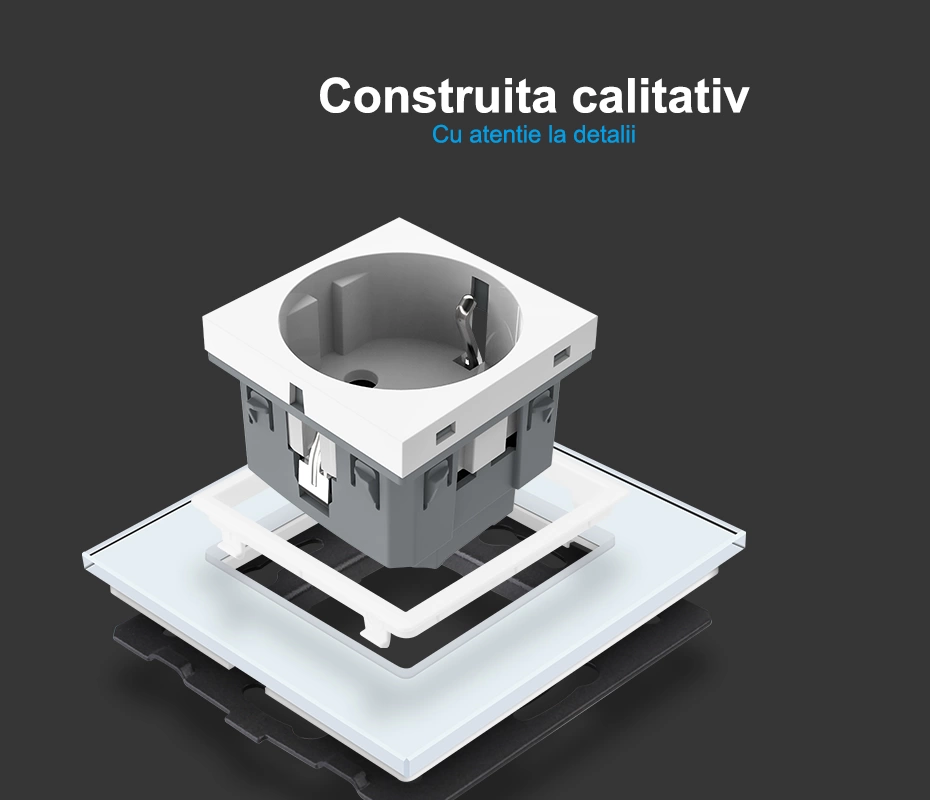 Priza Schuko tripla, borne fara surub - quick connect, cu rama sticla, Alb, Livolo