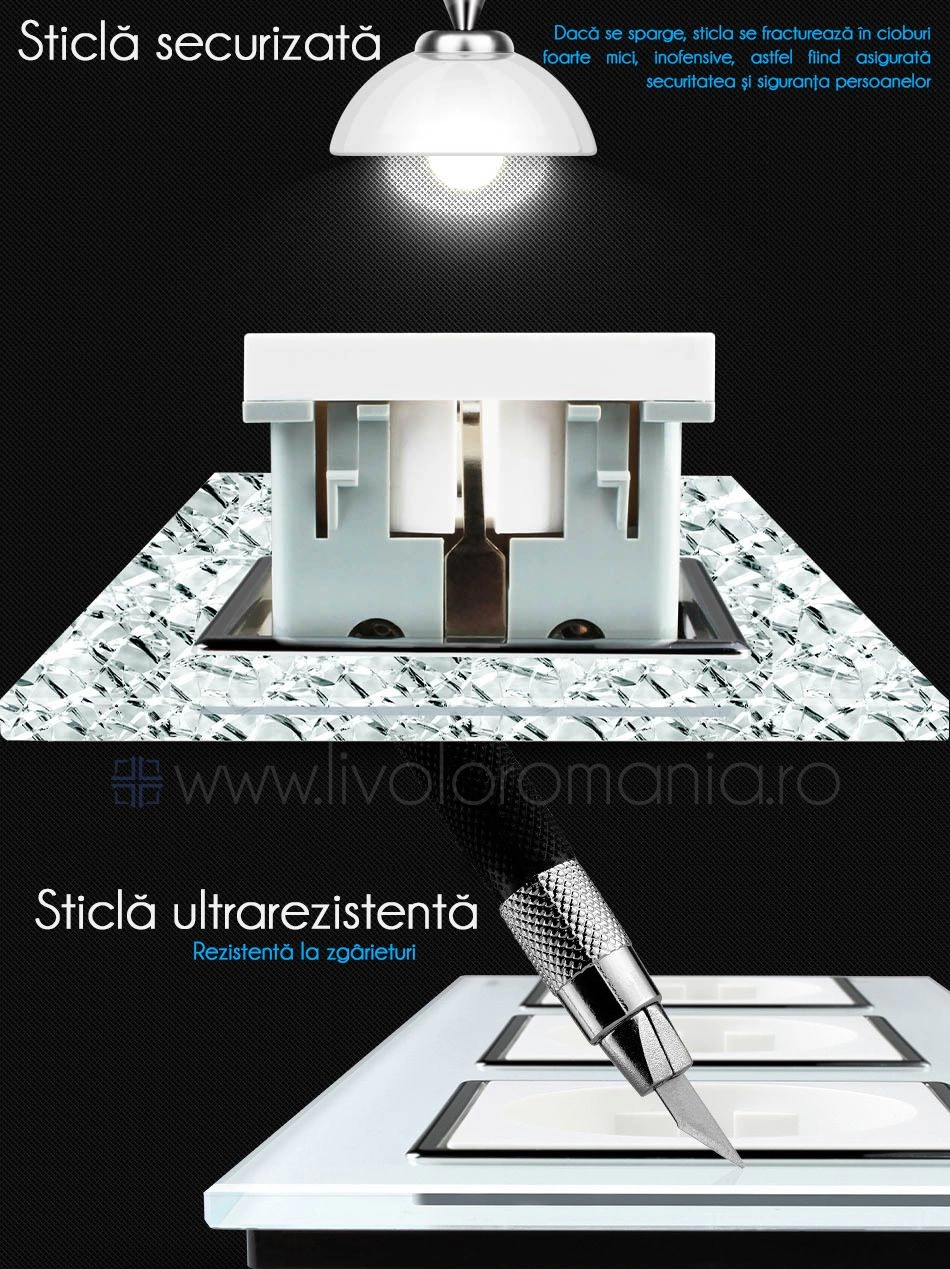 Priză Schuko Triplă, cu rama sticla, Auriu, Livolo