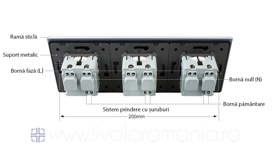 Priză Schuko Triplă, cu rama sticla, Auriu, Livolo