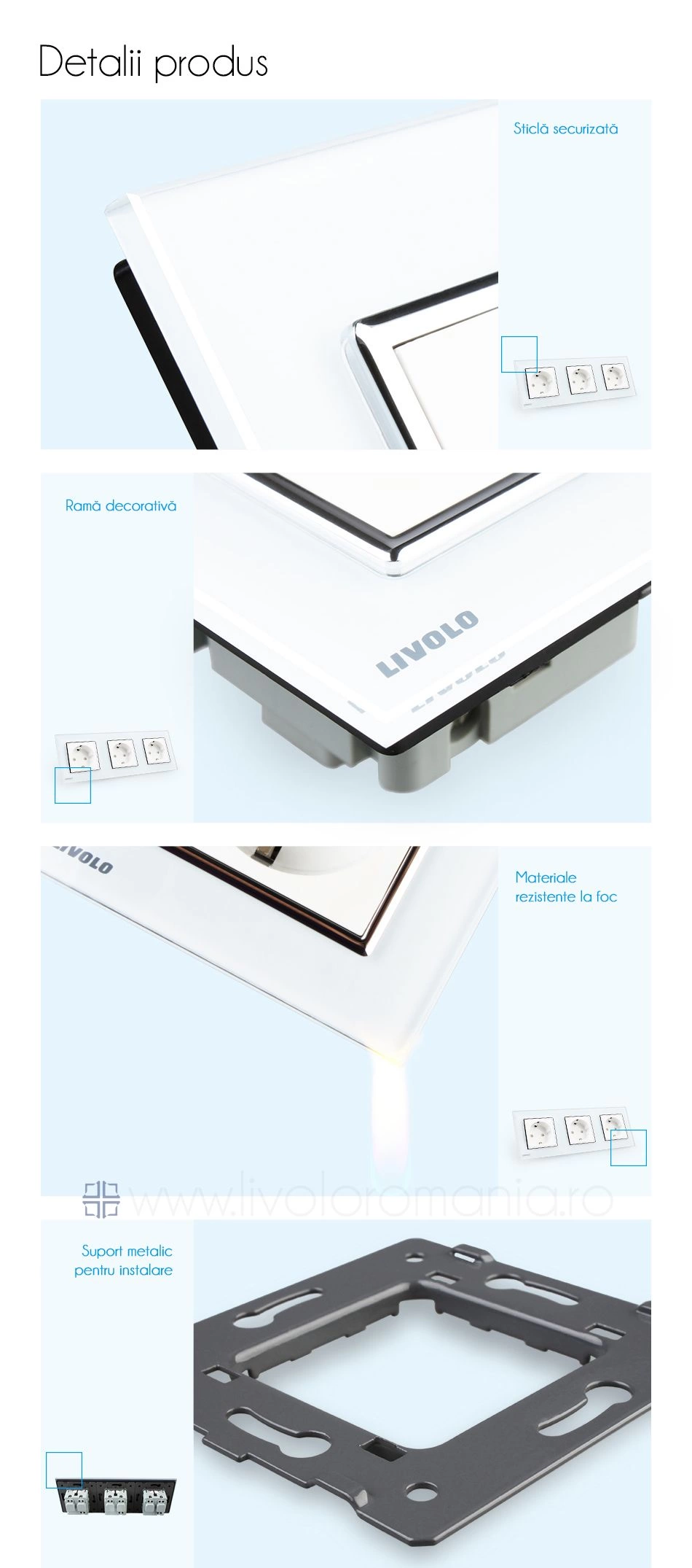 Priză Schuko Triplă, cu rama sticla, Alb, Livolo