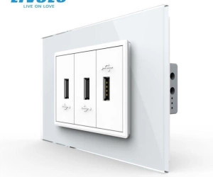 Priza tripla USB 3M, cu rama sticla, Alb, Livolo