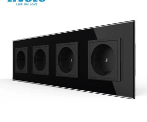 Priza Schuko cvadrupla, borne fara surub - quick connect, cu rama sticla, Negru, Livolo