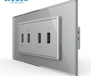 Priza cvadrupla USB, 4M, cu rama sticla, Gri, Livolo