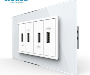 Priza cvadrupla USB, 4M, cu rama sticla, Alb, Livolo