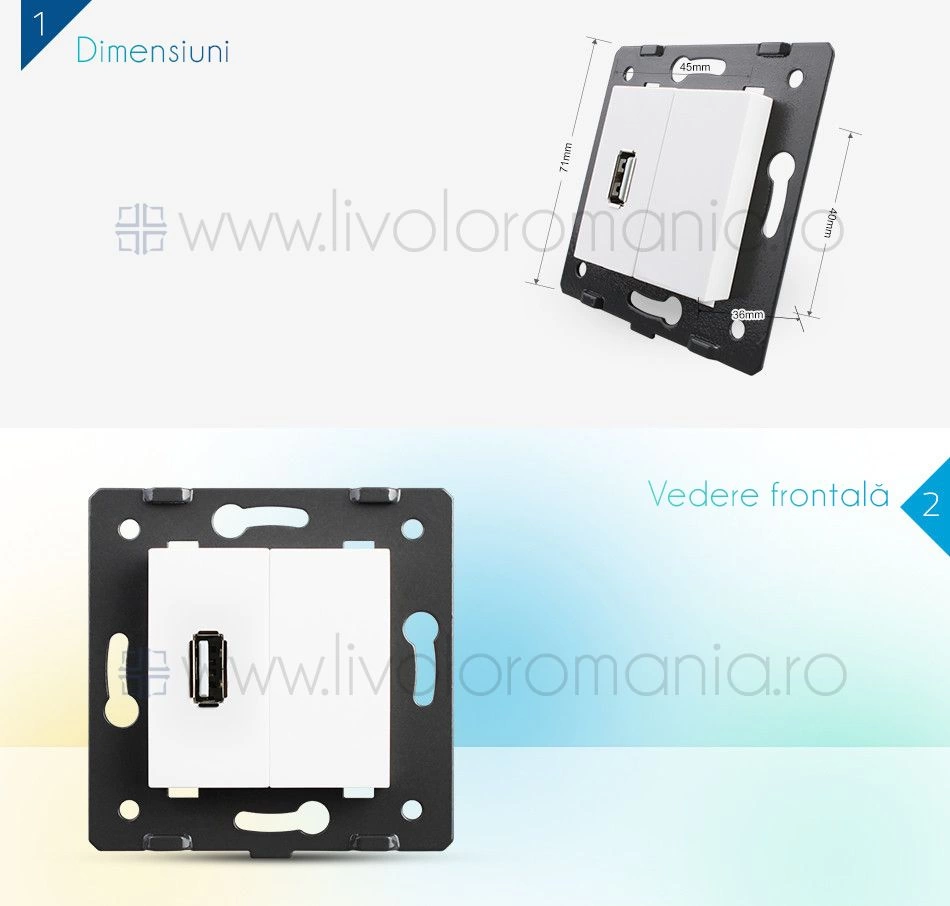 Modul Priză simplă USB, Albastru, Livolo