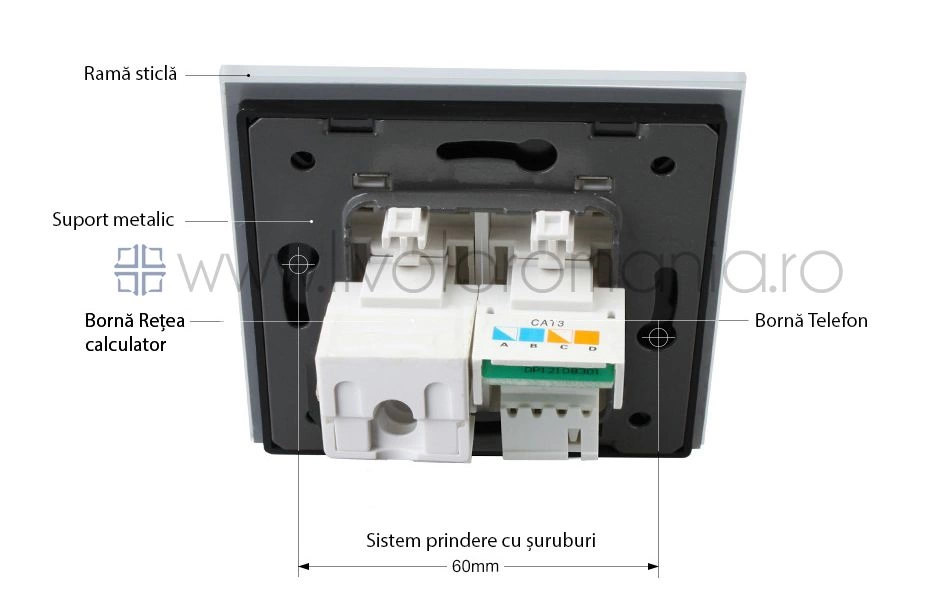 Priză dublă telefon + rețea calculator, RJ11+RJ45, Negru, Livolo