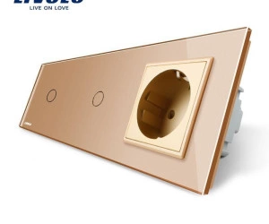 Intrerupator 2 x simplu + Priza Schuko, generatia noua, cu rama sticla, Auriu, Livolo