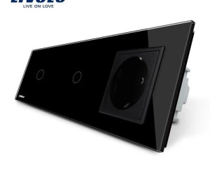 Intrerupator 2 x simplu + Priza Schuko, generatia noua, cu rama sticla, Negru, Livolo