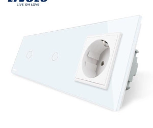 Intrerupator 2 x simplu + Priza Schuko, generatia noua, cu rama sticla, Alb, Livolo