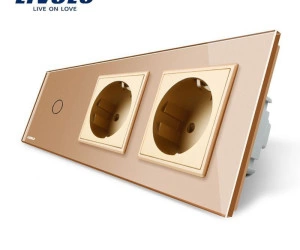 Întrerupător simplu + priză dublă Schuko, generatia noua, cu rama sticla, Auriu, Livolo