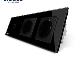 Întrerupător simplu + priză dublă Schuko, generatia noua, cu rama sticla, Negru, Livolo