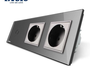 Întrerupător simplu + priză dublă Schuko, generatia noua, cu rama sticla, Gri, Livolo