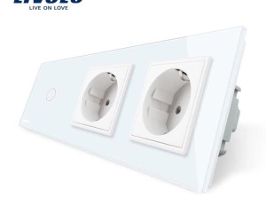 Întrerupător simplu + priză dublă Schuko, generatia noua, cu rama sticla, Alb, Livolo