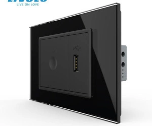 Intrerupator tactil simplu + priza USB, 3M, rama sticla, Negru, Livolo