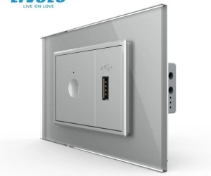 Intrerupator tactil simplu + priza USB, 3M, rama sticla, Gri, Livolo