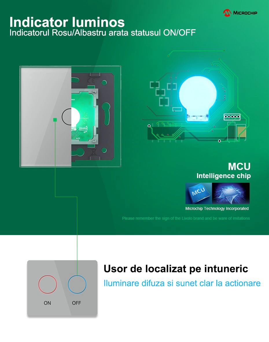 Modul intrerupator simplu tactil, dimabil, wireless - control din telecomanda RF, Generatia Noua, Livolo