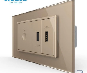 Intrerupator tactil simplu cap scara / cruce + priza dubla USB, 4M, cu rama sticla, Auriu, Livolo