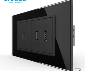 Intrerupator tactil simplu cap scara / cruce + priza dubla USB, 4M, cu rama sticla, Negru, Livolo