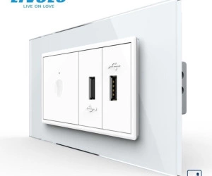 Intrerupator tactil simplu cap scara / cruce + priza dubla USB, 4M, cu rama sticla, Alb, Livolo