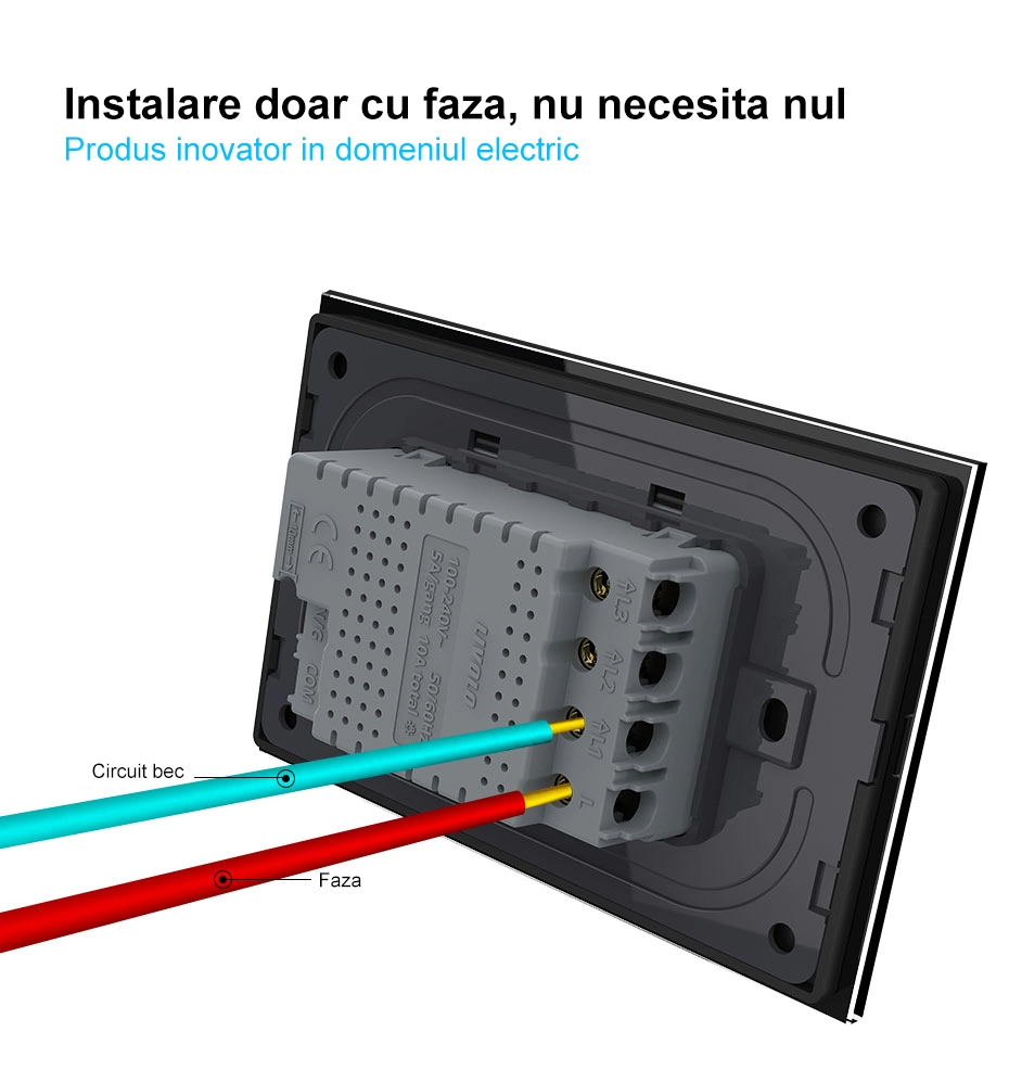 Intrerupator simplu, standard italian, cap scara / cap cruce, cu panou sticla, 3M, Negru, Livolo