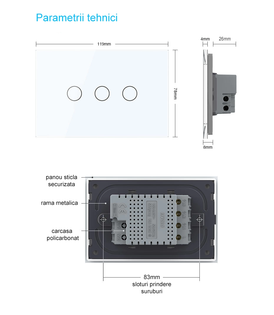 Intrerupator simplu, standard italian, cap scara / cap cruce, cu panou sticla, 3M, Negru, Livolo