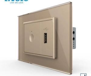 Intrerupator tactil simplu cap scara/ cruce + priza USB, 3M, rama sticla, Auriu, Livolo