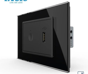 Intrerupator tactil simplu cap scara/ cruce + priza USB, 3M, rama sticla, Negru, Livolo