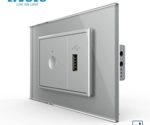 Intrerupator tactil simplu cap scara/ cruce + priza USB, 3M, rama sticla, Gri, Livolo