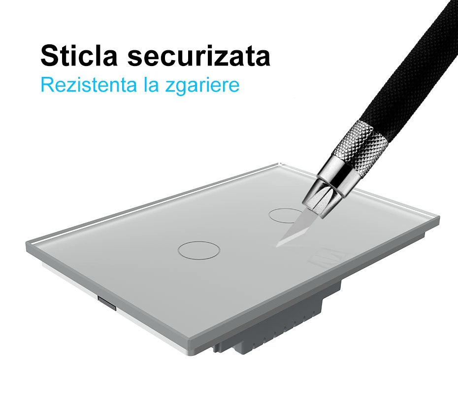 Intrerupator simplu, standard italian, cap scara/ cap cruce, conexiune WiFi, cu panou sticla, 3M, Gri, Livolo