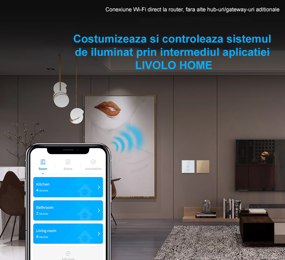 Intrerupator tactil simplu WiFi, cap / scara / cruce, cu rama sticla, 2M, Livolo