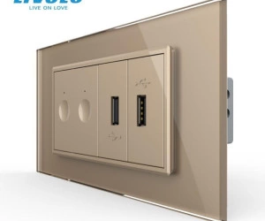 Intrerupator tactil dublu + priza dubla USB, 4M, cu rama sticla, Auriu, Livolo