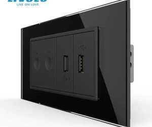Intrerupator tactil dublu + priza dubla USB, 4M, cu rama sticla, Negru, Livolo