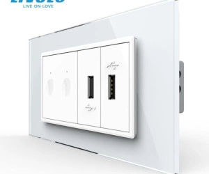 Intrerupator tactil dublu + priza dubla USB, 4M, cu rama sticla, Alb, Livolo