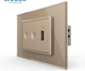 Intrerupator tactil dublu + priza USB, 3M, rama sticla, Auriu, Livolo
