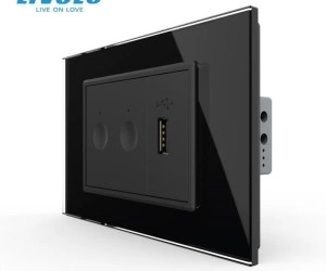 Intrerupator tactil dublu + priza USB, 3M, rama sticla, Negru, Livolo